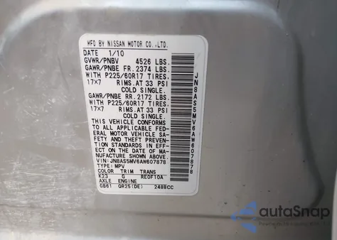 2010 Nissan Rogue Sl z USA, uszkodzony, nr VIN JN8AS5MV6AW607878